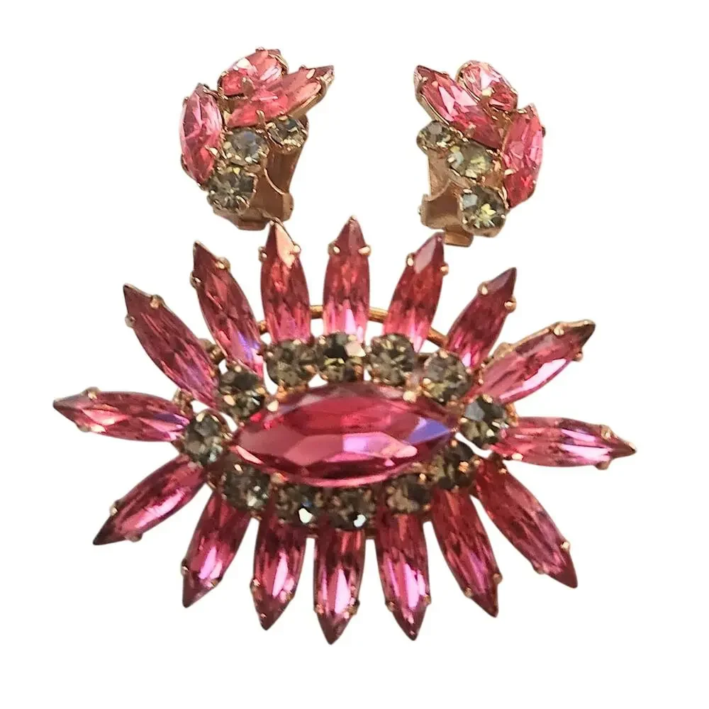 Vintage Austrian Pink Navette Rhinestone Demi Parure Brooch Clip Earrings